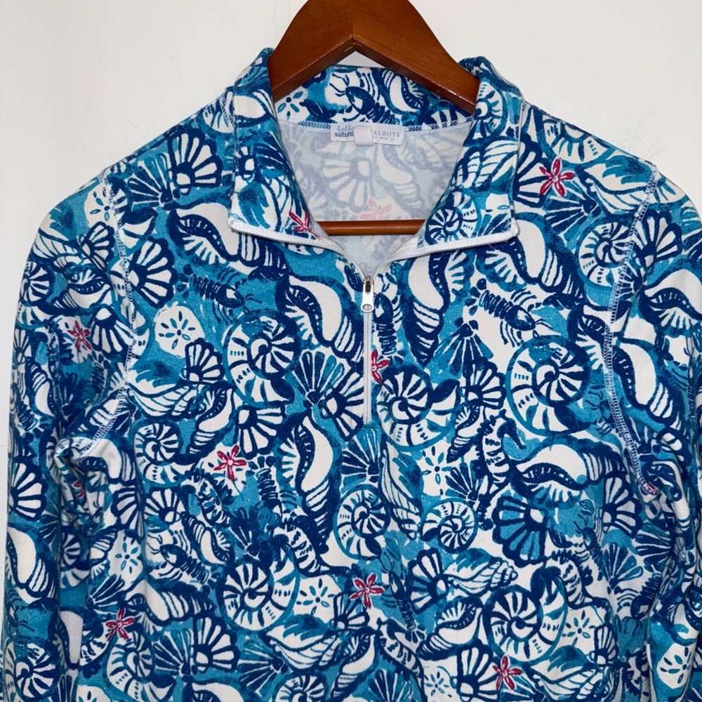 Talbots Women's Blue Seashell Print 1/4 Zip Pullover, sz Small Petite - Picture 4 of 13